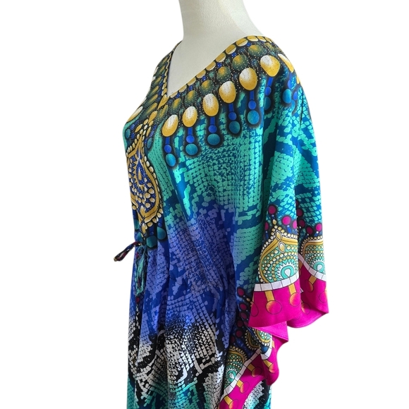 Bell Pepper One Size Maxi Vibrant Multicolor Kaftan Dress Shiny Tiny Gold Studs - Picture 4 of 16